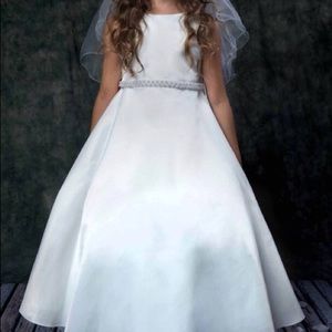 Long Satin Pearl Trim Communion Dress